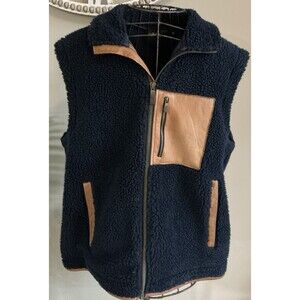 Orvis Deep Pile Sherpa Fleece Vest Navy With Brown Leather Trim Mens Size XL